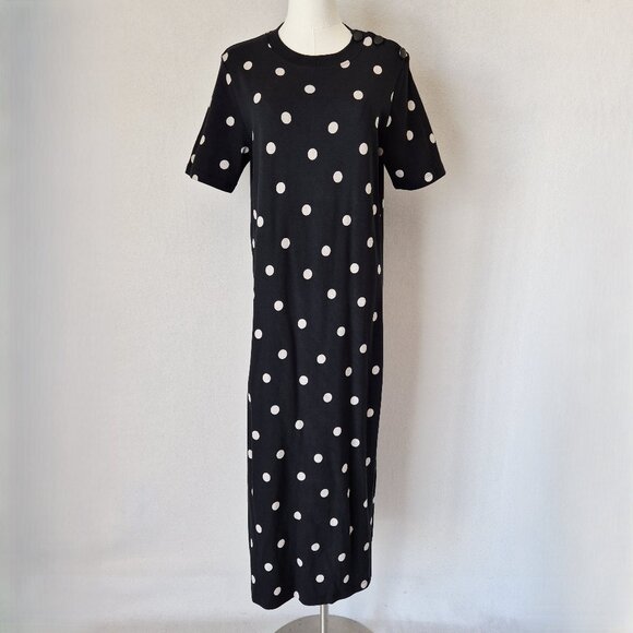 SEZANE Emy Polka Dot Tee-Shirt Dress Crew Neck Short Sleeve Black Ecru - Picture 4 of 14